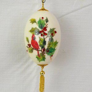 Painted Cardinal w/Ruby Red Jewels on White Egg w/ Gold Chains Hanging Ornament